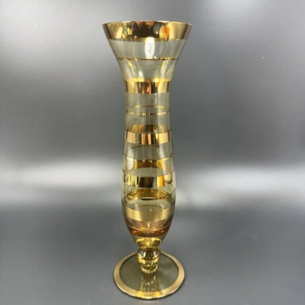Venetian Glass Vase Tall Gold Band‎ Amber Mid Century Italian Glass Vase Vintage